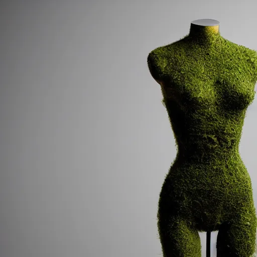 Image similar to a beautiful suit made out of moss, on a mannequin. studio lighting, high quality, high resolution