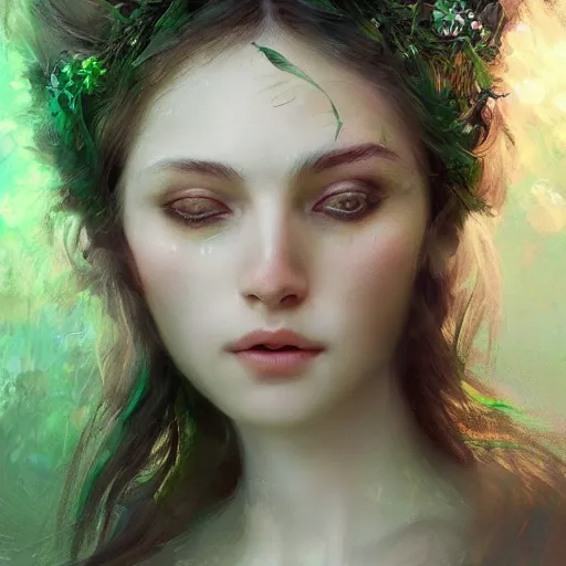 Prompt: Goddess of Spring, green-eyes, gorgeous portrait, intricate, elegant, volumetric lighting, scenery, digital painting, highly detailed, artstation, sharp focus, illustration, concept art, ruan jia, steve mccurry