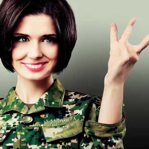 Image similar to brunette woman, short hair, flipped out hair, black military uniform, smirk, propaganda