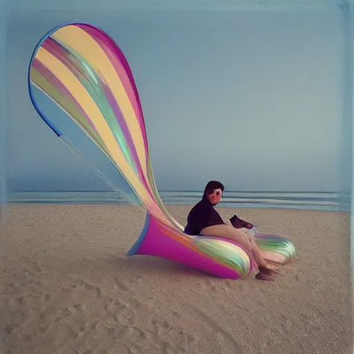 Image similar to a pastel colour high fidelity wide angle Polaroid art photo from a holiday album at a seaside dune with abstract inflatable parachute furniture, all objects made of transparent iridescent Perspex and metallic silver, no people, iridescence, nostalgic