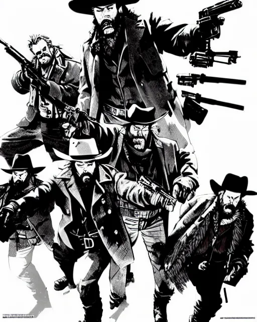 Image similar to epic action gunfight scene from The Hateful Eight by Quentin Tarantino in style by Dave Gibbons and Yoji Shinkawa, trending on artstation, details, intricate, 4k, perfect faces