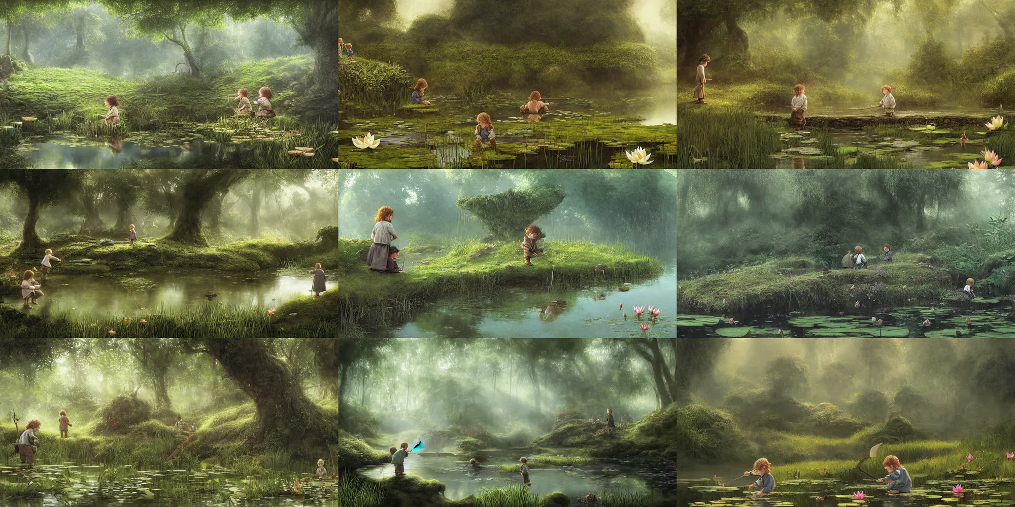 Prompt: two hobbit children fishing in a pond covered with lotus flowers, by alan lee, dark foggy forest background, sunlight filtering through the trees, digital art, art station.