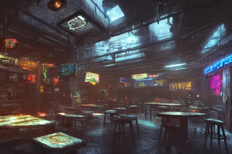 Prompt: ultra mega super hyper realistic Digital concept interior design of cyberpunk tavern with stone walls and neon lights, a lot of electronics, many details in style of Hiromasa Ogura and Josan Gonzalez. Natural white sunlight from the transperient roof. Rendered in VRAY and DaVinci Resolve and MAXWELL and LUMION 3D, Volumetric natural light