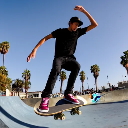 Image similar to skater wearing nike sb dunks doing a kickflip at the venice beach skatepark