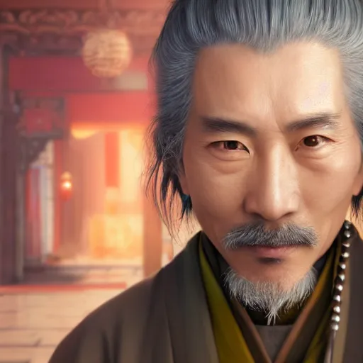 Image similar to portrait painting of a 6 0 year old kind handsome taoist priest, silver ponytail hair, amiable by yangjun chen, huang guangjian, fenghua zhong, wenjun lin, nadar, bright colors, octopath traveler, unreal engine 5 highly rendered, global illumination, radiant light, detailed and intricate environment