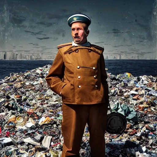 Image similar to Portrait of a Soviet sailor wearing Venetian doge clothes made out of garbage, postapocalyptic, modern photo