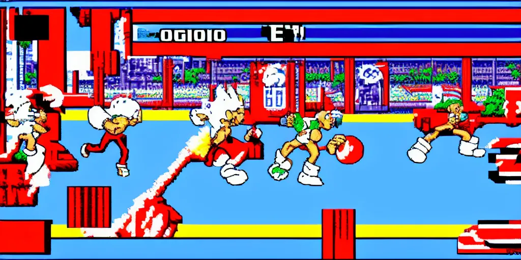 Prompt: Obama fighting against Sonic in the game KOF97, casting a Hadouken. pixel art, Gameplay, Screenshot of KOF97