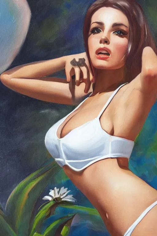 Prompt: female in white bikini with tattoos and stormtrooper helmet, well composed, clean elegant painting, beautiful detailed face. 6 0 s style advertising