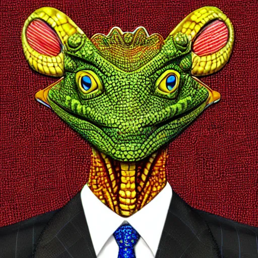 Prompt: a highly detailed portrait of an anthropomorphic lizard man with bright scaly skin wearing a well tailored business suit and tie, 8 k, 4 k, highly detailed, sharp,