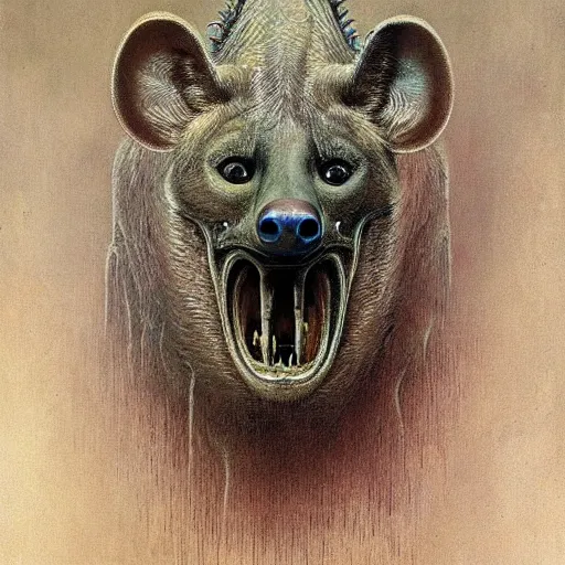 Image similar to horrific grotesque hyena and calculator hybrid, beksinski style painting, highly detailed