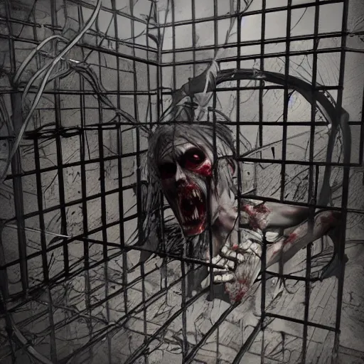 Image similar to a zombie locked in a cage trying to break out, award winning, trending on artstation, unreal engine