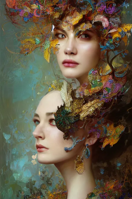 Prompt: a beautiful girl in intricate detailed color oilpaint, 3 d render, hyper realistic detailed portrait, flocking color leaves, ornate leaves headpiece, birds, elegant, intense colors, ruan jia, wlop. scifi, fantasy, hyper detailed, octane render, concept art, by peter mohrbacher, by alphonse mucha, by wlop, by ruan jia