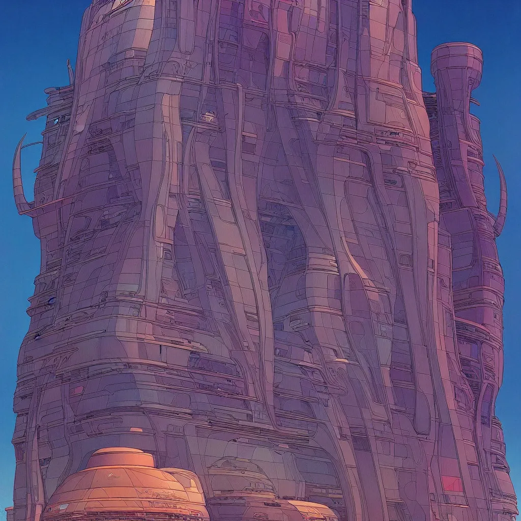 Prompt: a painting of a building futuristic architectures, by moebius, jean giraud & kilian eng, moebiues style