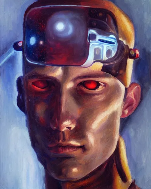 Prompt: sweet interesting portrait of a dreaming cyborg man, oil painting. HD