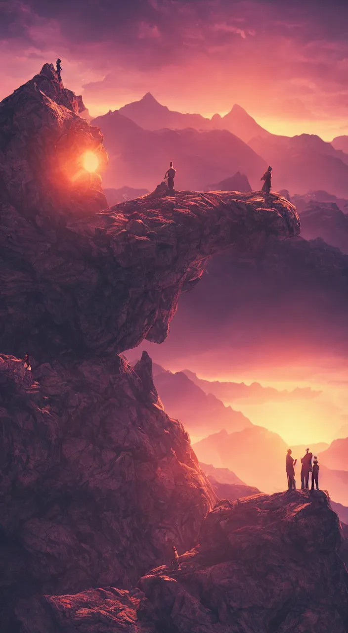 Prompt: couple facing the desperate and endless call of the void, mountain top above landscape, beautiful sunset, unreal 5 render, vivid colors, high detail, studio ghibli, digital art, octane render, beautiful composition, trending on artstation, award - winning photograph, masterpiece