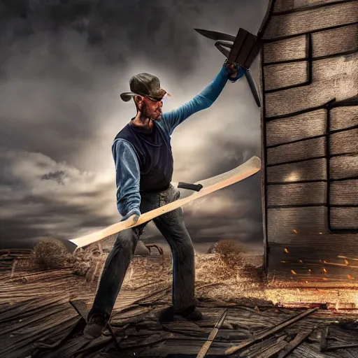 Prompt: A wood cutter cutting down a building with his mighty Dane axe,bright lighting , digital art , highly detailed , high contrast, beautiful lighting, award winning , trending on art station, 8k, photo realistic