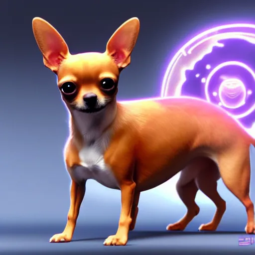 Image similar to a chihuahua with a third eye living in an extradimensional reality, in the style of wlop, illustration, epic, fantasy, hyper detailed, smooth, unreal engine, sharp focus, ray tracing, physically based rendering, renderman, beautiful