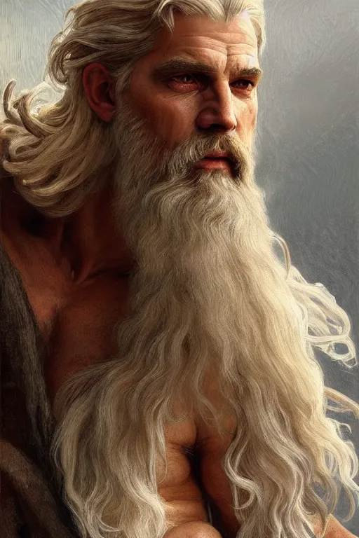 Image similar to painted portrait of rugged zeus, god of thunder, greek god, white hair, masculine, mature, handsome, upper body, flowy robe, muscular, hairy torso, fantasy, intricate, elegant, highly detailed, digital painting, artstation, concept art, smooth, sharp focus, illustration, art by gaston bussiere and alphonse mucha