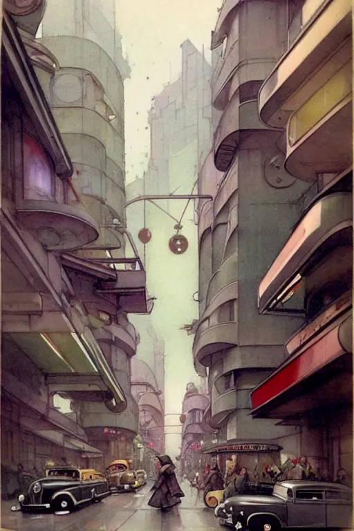 Prompt: ( ( ( ( ( taliesin up view 1 9 5 0 s retro future art deco city street design. muted colors. ) ) ) ) ) by jean - baptiste monge!!!!!!!!!!!!!!!!!!!!!!!!!!!!!!