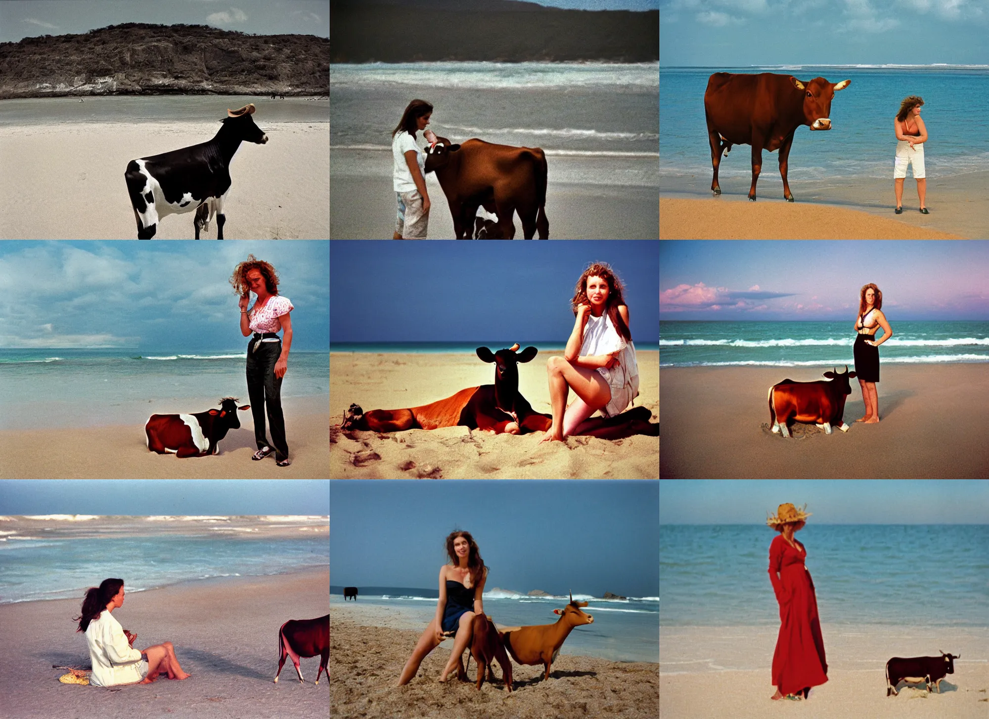 Prompt: a long - shot, color travel photograph portrait of a woman and a cow on the beach, day lighting, 1 9 9 0 photo from photograph magazine.