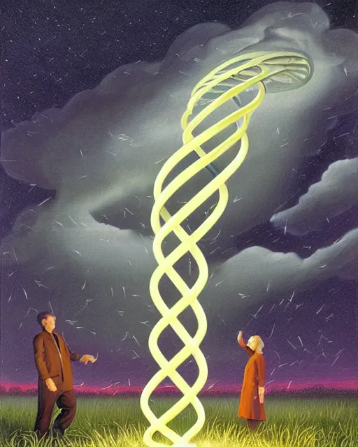 Prompt: in a field, two scientists in lab coats encounter a monster shaped like the DNA double helix, stormy weather, by Rob Gonsalves, night scene, volumetric light, fireflies