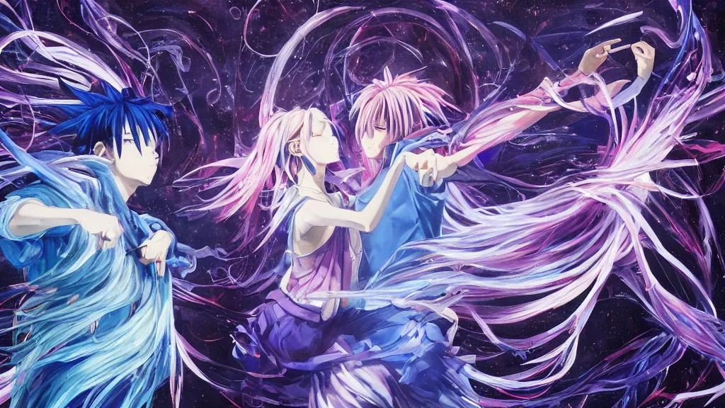 Prompt: a detailed painting of two anime characters dancing togheter inspired by yoshitaka amano enveloped in trails of colorful animal ghosts floating around them. clean painting, realistic and auora lighting. dark blue and intense purple color palette, art by kuvshinov ilya, 8 k