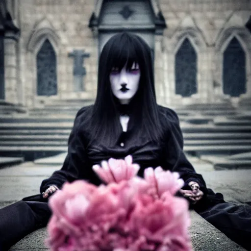 Image similar to cloudy cemetary with pink petals on the floor, goth woman sitting down, intricate details, complementary lighting, detailed face, backlighting, octane render, raytraced, depth of field, beautiful face, extremely detailed, trending in artstation, focus on face, sharp focus, radiant light, beautiful composition, yihao ren, zochi, zero - hour, jean paul fiction