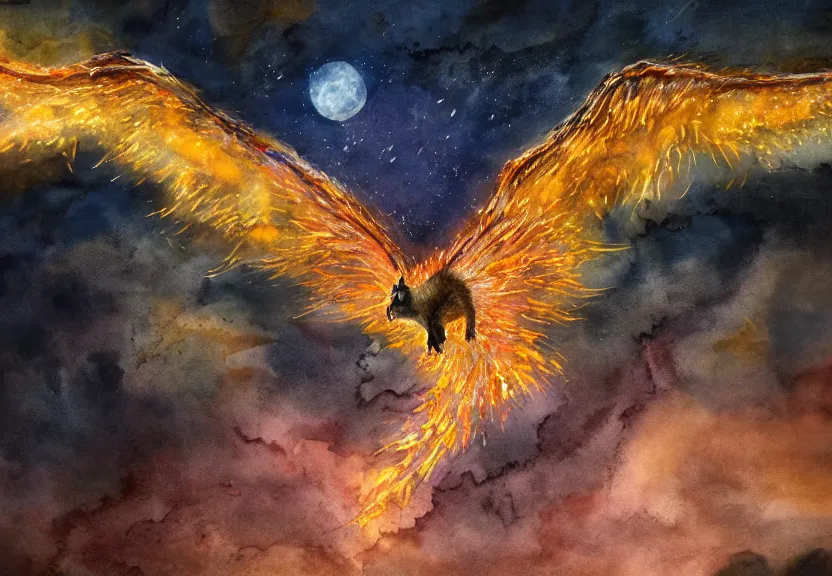 Image similar to legendary fire winged possum flying over a medieval forest castle at night under the dark starred sky, dark fantasy, watercolor, dreaming illusion, highly detailed, 4k, trending on Artstation