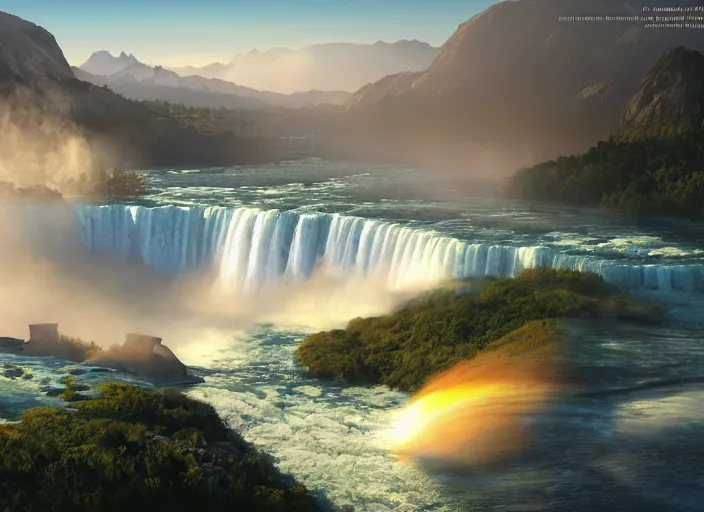 Prompt: cascade of multiple gigantic niagara falls, epic mountains in the background, sunrise, fantasy illustration, matte painting, concept art, low angle shot, volumetric lighting, volumetric atmosphere, morning mist, art by james gurney, unreal engine 5, 8 k