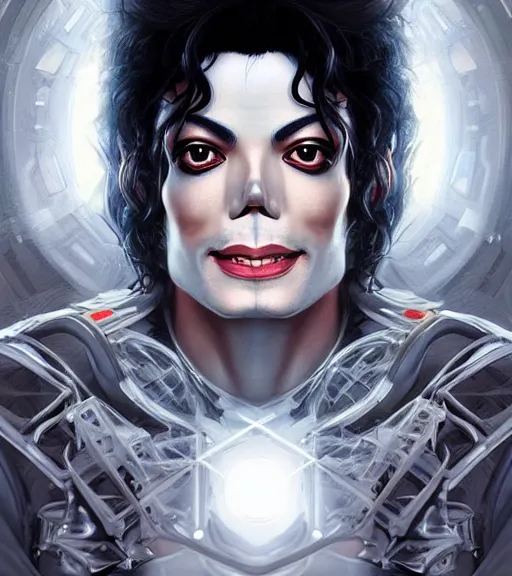 Image similar to symmetry portrait of michael jackson cyberborg ultra detailed, intricate, anime, dynamic lighting, digital art, digital painting, art station, wlop, sharp focus, illustration, art by artgerm and greg rutkowski and alphonse mucha