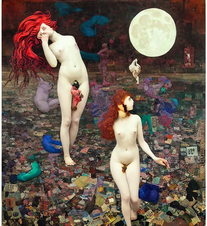 Prompt: over - saturated professional pre - raphaelite decollage painting defined colours old white - headed man under the huge moon on a street of neo toky city by adrian ghenie and takato yamamoto and austin osman spare and edward hopper and mark ryden and tsutomu nihei, very coherent, baroque elements, perfect anatomy, intricate design. pop art.