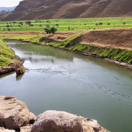 Image similar to landscape, river made of karak, with cows grazing, wide shot, photo