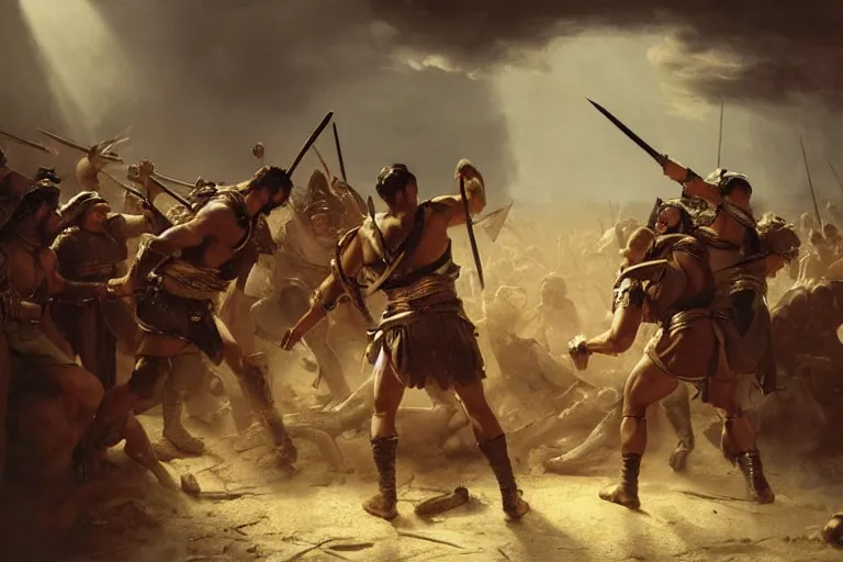 Prompt: Movie scenes of Roman soldiers in battle with Britannia, in the style of Greg Rutkowski and Michelangelo and Eugène Delacroix, extremely moody lighting, glowing light and shadow, atmospheric, shadowy, cinematic