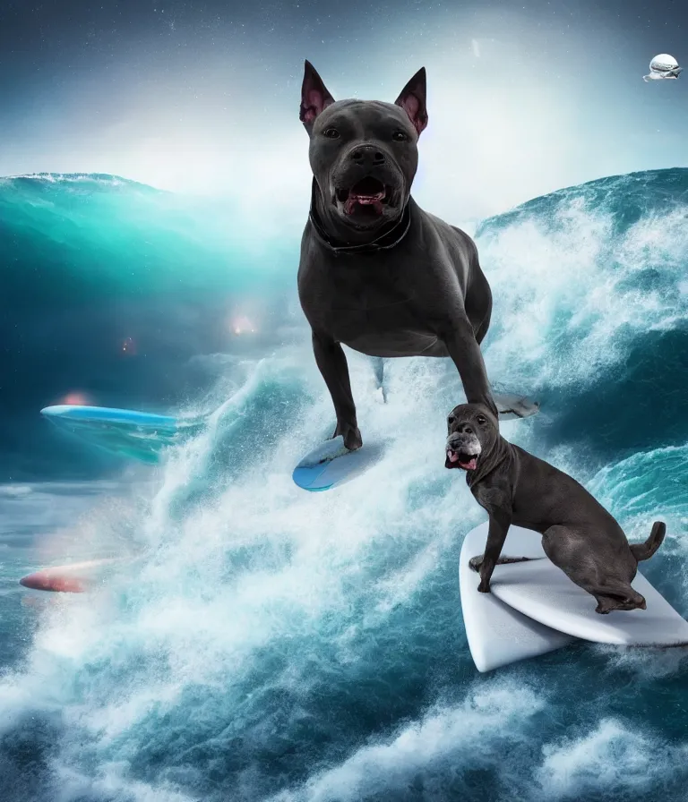 Image similar to photo of a dark gray coat pit bull with a white paws and a white nose!, surfing on a surfboard in a crashing wave of alien galaxy, trending on art station, ocean in space, background is an alien galaxy, aliens in the background, alien colors, octane render, unreal engine, wide view, 8 k, highly detailed