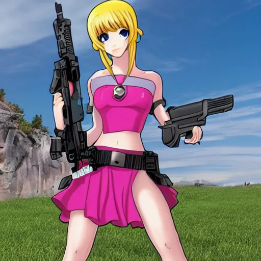 Image similar to princess anime girl and her laser rifle, shooting laser