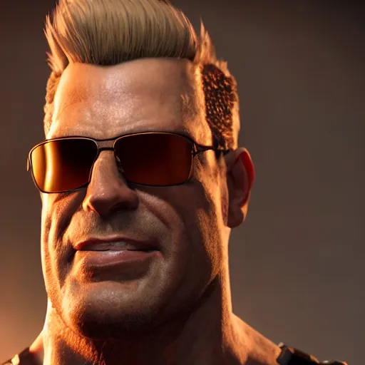 Image similar to a portrait of duke nukem as a character in the game deus ex, octane render, nvidia raytracing demo, detailed, 8 k, masterpiece