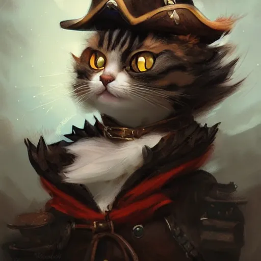 Image similar to Portrait of a Kawaii Cat dressed as a Pirate, digital painting, highly detailed, artstation, concept art, smooth, sharp focus, illustration, art by artgerm and greg rutkowski.