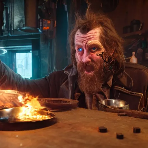 Prompt: a cyberpunk british magical hobo breaks into some ork's kitchen and attacks them, 4 k, detailed, real life photo, sharp focus, photorealistic