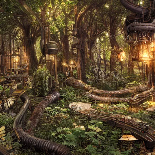 Prompt: steampunk forest. high details. 8K. detailed. photorealism. artstation. well lit. digital render. intricate. ultra realistic