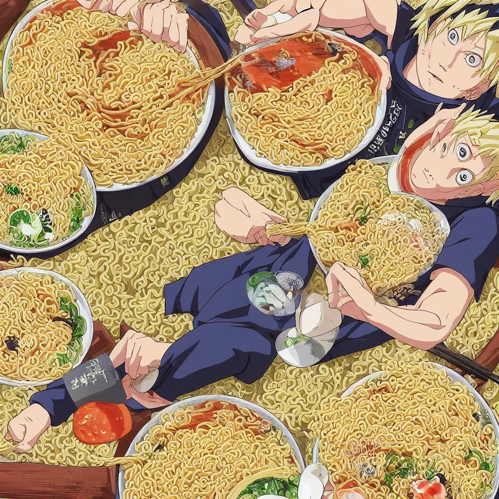 Prompt: a color manga illustration of blonde - haired naruto laying in a pile of ramen noodles in bowls, holding a large bowl of ramen and slurping up noodles. the view is top down. his mood is one of delicious bliss and naruto is the only human in the image. the image is illustrated in high colorful detail by masashi kishimoto and is very very very detailed.