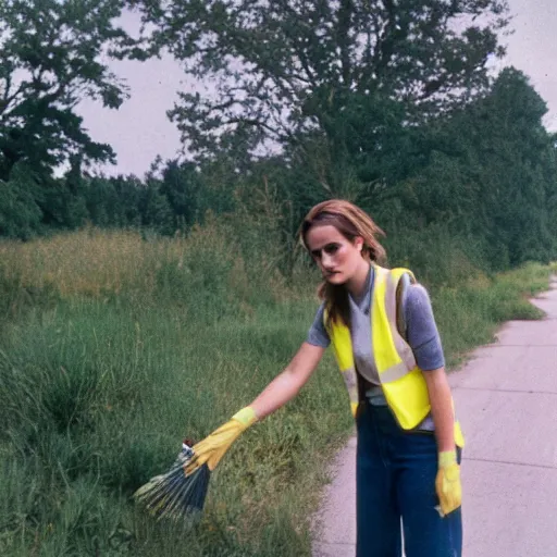 Image similar to emma watson in a hi vis vest picking up trash on the side of the interstate, portrait, kodak gold 2 0 0,