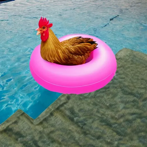 Image similar to chicken floating in a pool with a pink pool floatie