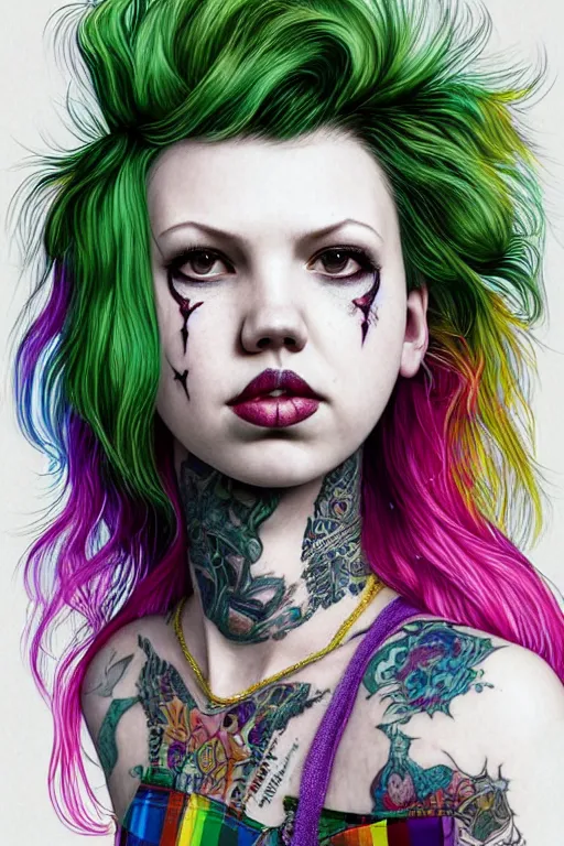 Prompt: portrait of hannah murray as a punk woman with green mohawk, neotraditional tattoos, fishnets, long tartan skirt as delirium of the endless, the sandman, rainbow clothes,, sci - fi, intricate and very very beautiful and elegant, highly detailed, digital painting, artstation, smooth and sharp focus, illustration, art by tian zi and wlop and alphonse mucha