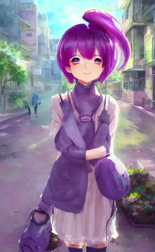 Image similar to anime girl with pink ponytail, wearing purple headphones, wearing a green sweater, with a smile on her face and her eyes closed, walking down a street, dynamic lighting, photorealistic fantasy concept art, trending on art station, very detailed, anime concept art, stunning visuals, creative, cinematic, ultra detailed