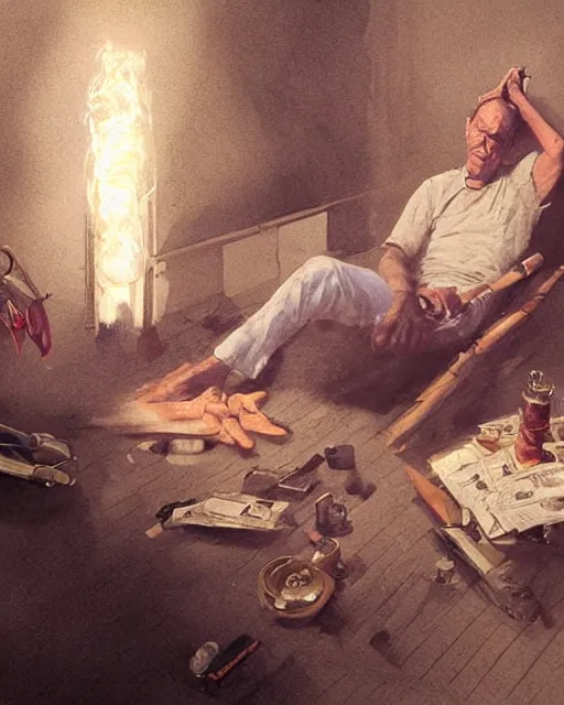 Image similar to a highly detailed epic cinematic concept art CG render digital painting artwork costume design: Henry Fonda as a 1950s tired poet, barefoot, smoking a cigarette. volumetric lighting. By Greg Rutkowski, in the style of Francis Bacon and Syd Mead and Norman Rockwell and Beksinski, open ceiling, highly detailed, painted by Francis Bacon and Edward Hopper, painted by James Gilleard, surrealism, airbrush, Ilya Kuvshinov, WLOP, Stanley Artgerm, very coherent, triadic color scheme, realistic facial expression, art by Takato Yamamoto and James Jean