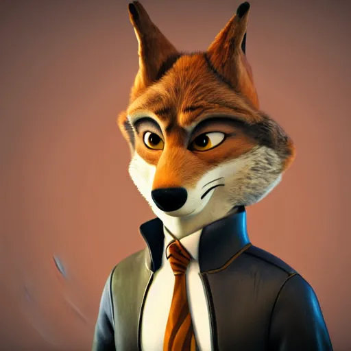 Image similar to portrait, 3 d render, anthropomorphic coyote male, wearing along brown leather maxi coat, in the style of zootopia, highly detailed attributes and atmosphere, dim volumetric cinematic lighting