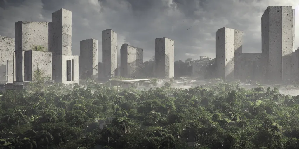 Prompt: brutalist concrete pyramids by Le Corbusier, abandoned temples, empty city streetscapes, surrounded by lush green vegetation, ground-level view, puddles of water, stunning volumetric lighting, sunset, trending on Artstation, 8k, photorealistic, hyper detailed, unreal engine 5, cinematic, epic lighting, cryengine, octane render, cyberpunk,, dark, gloomy