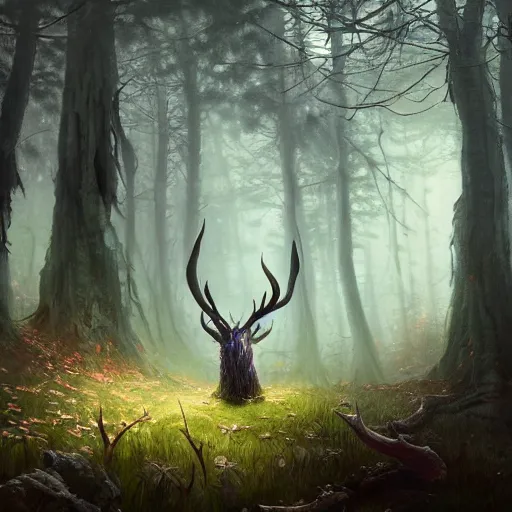 Image similar to highly detailed creepy forest creature with antlers, stephen bliss, unreal engine, fantasy art by greg rutkowski, loish, rhads, ferdinand knab, makoto shinkai and lois van baarle, ilya kuvshinov, rossdraws, tom bagshaw, global illumination, radiant light, detailed and intricate environment