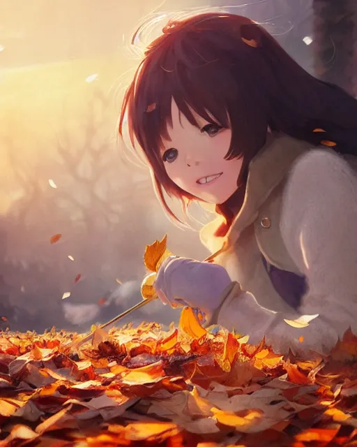 Image similar to a girl raking leaves on a cold autumn's day, full shot, atmospheric lighting, detailed face, by makoto shinkai, stanley artgerm lau, wlop, rossdraws