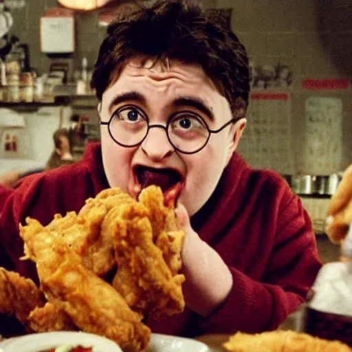 Image similar to obese harry potter eating fried chicken, movie still